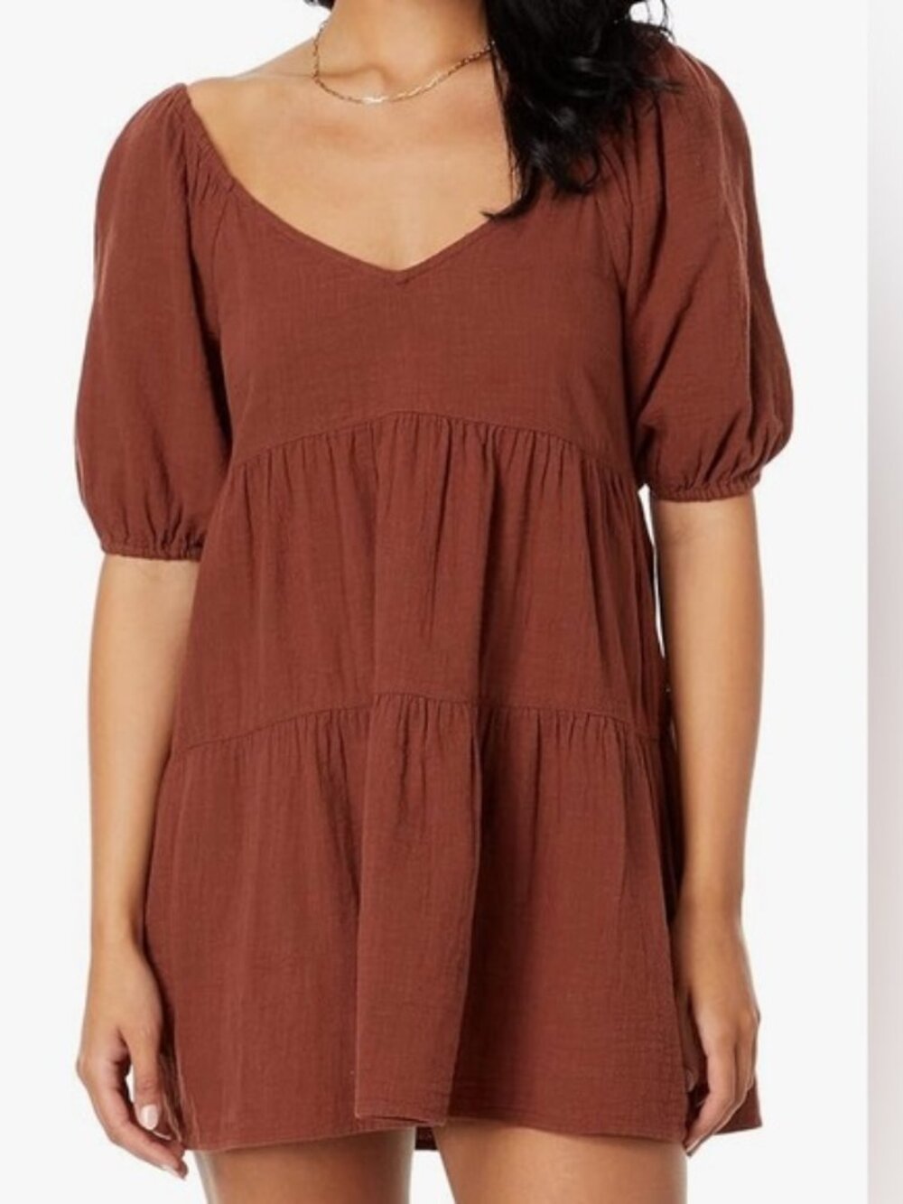 BILLABONG Fall For Ya Tiered Cotton Mini Dress, Brown, Size L